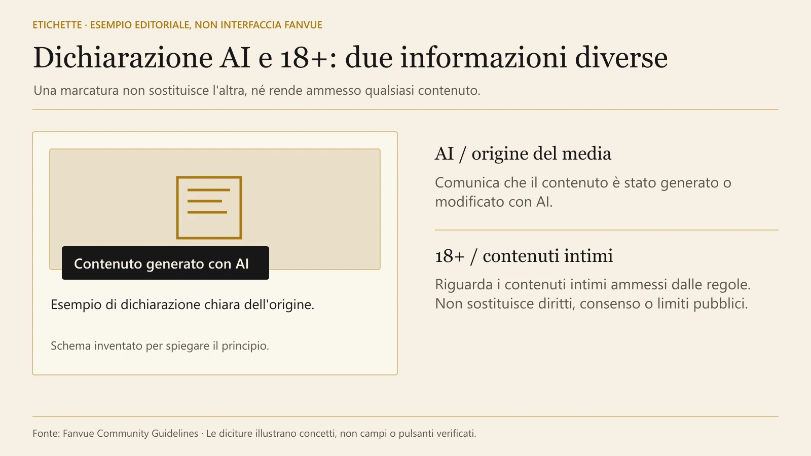 Esempio editoriale della dichiarazione AI e spiegazione della distinta marcatura 18+ per contenuti intimi ammessi.