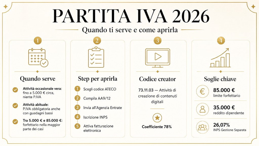 Infografica Partita IVA 2026: quando serve, step per aprirla, codice ATECO 73.11.03 e soglie forfettario.