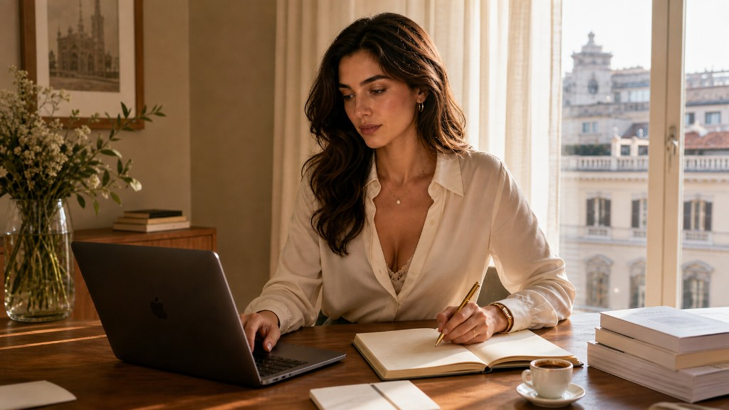 Creator OnlyFans al lavoro da casa con laptop e agenda per la gestione della partita IVA.