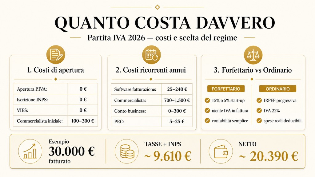 Infografica costi Partita IVA 2026: apertura, spese annue, confronto forfettario vs ordinario ed esempio su 30.000 euro di fatturato.